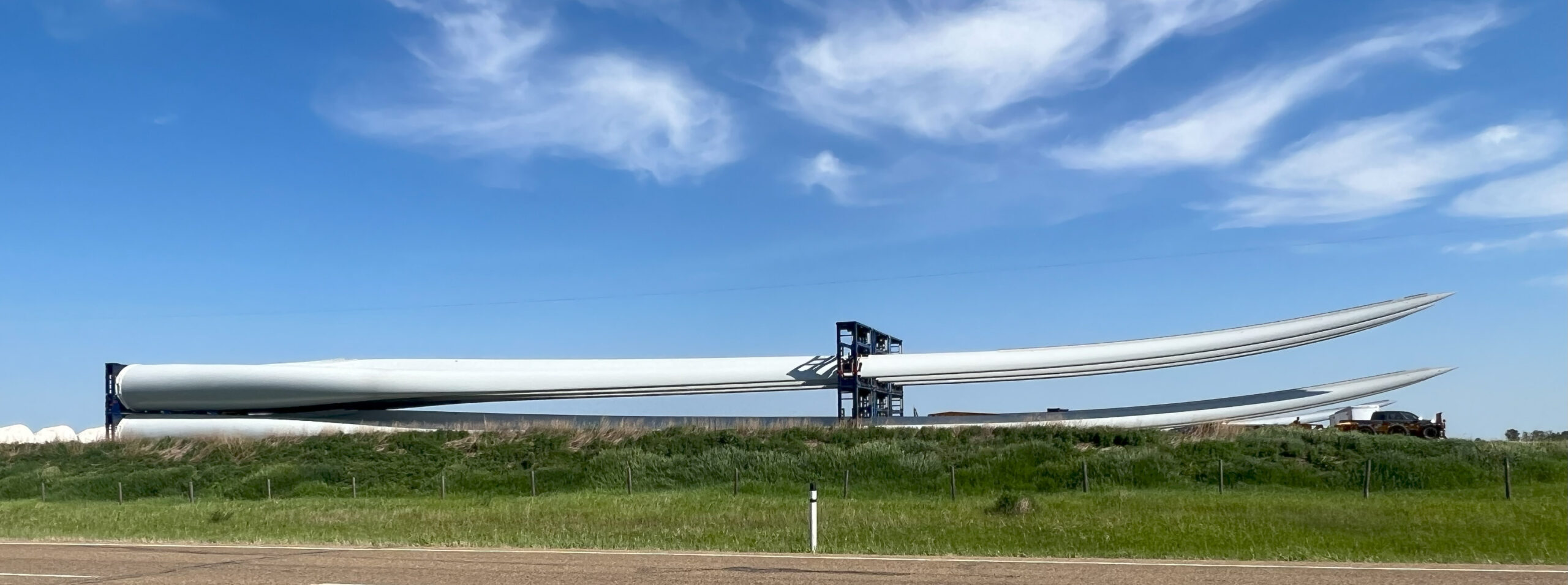 Wind turbine blades in a laydown yard near Hanna, Alberta, on June 6. Photo by Douglas Tompson
